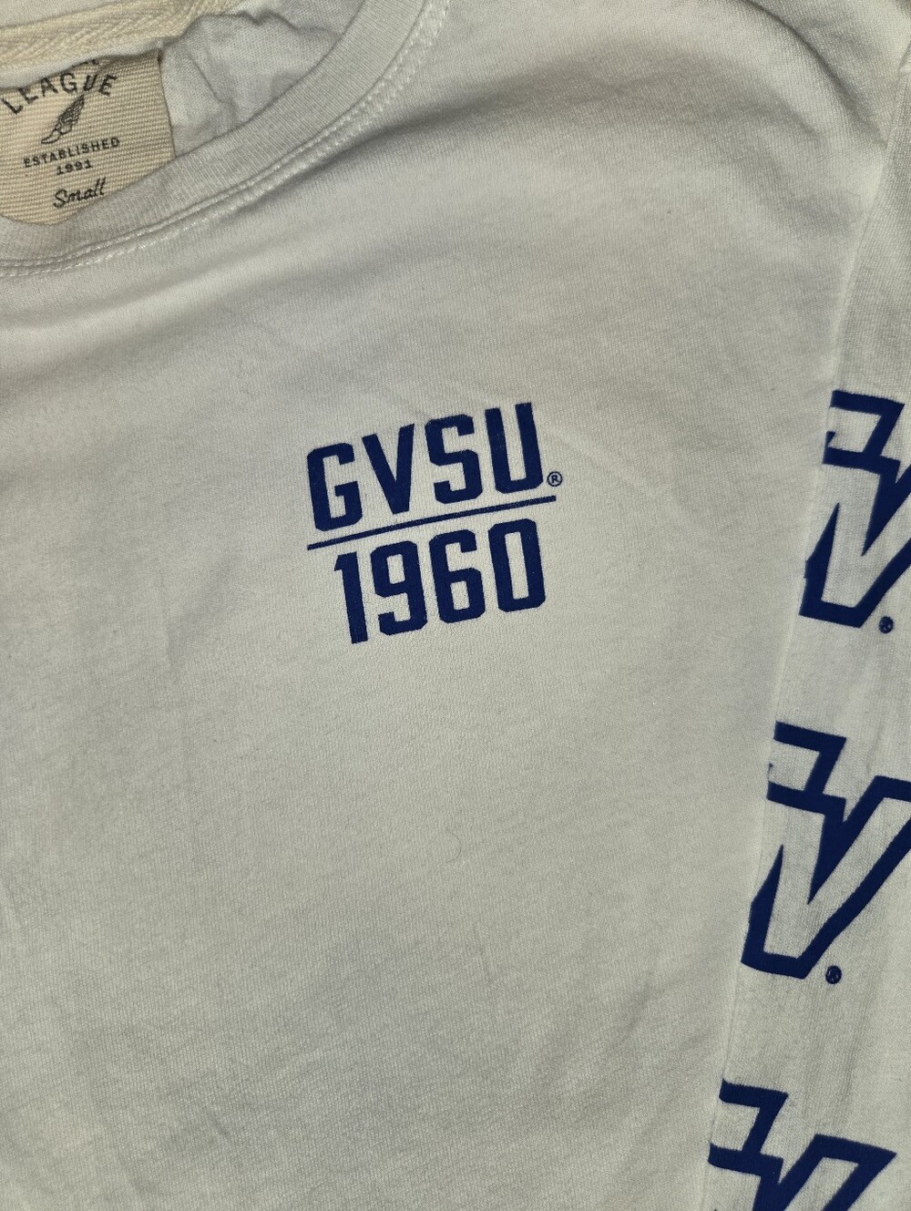 League White Long-Sleeve Shirt with Blue GVSU 1960 Print